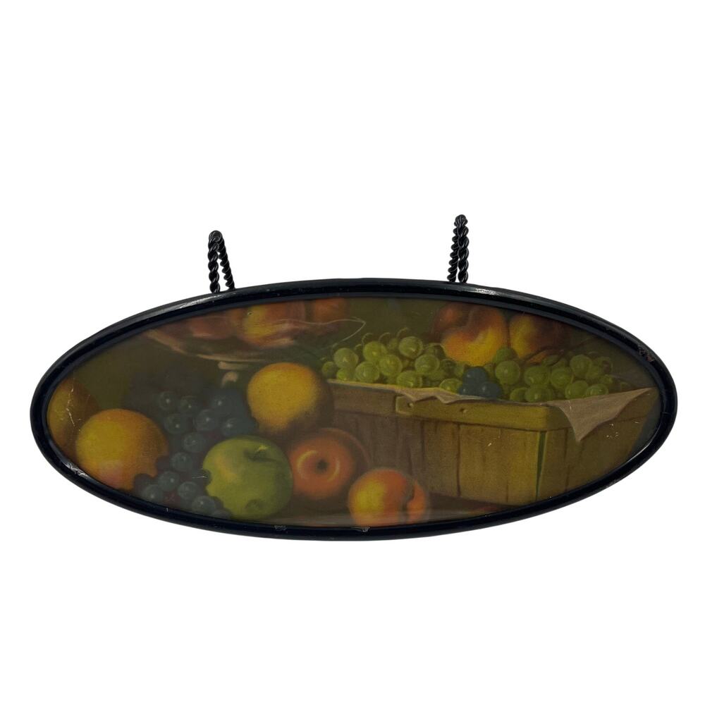 Vintage‎ Oval Shaped Black Framed Still Life Fruit Basket Print Art MCM Cottage